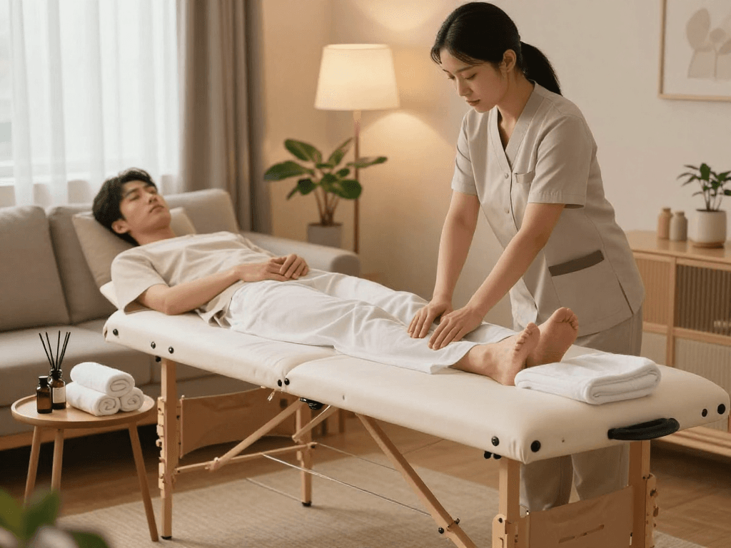 안양출장마사지 service in a cozy home setting with a professional therapist preparing for a relaxing session.