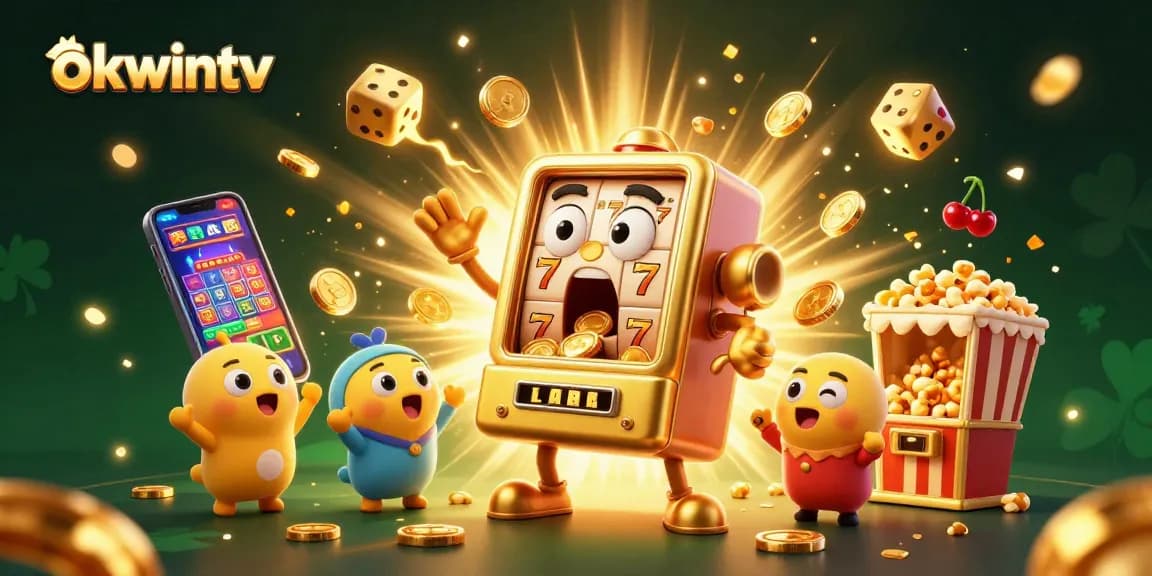 Celebrate jackpots on okwintv with cartoon slot machines and coins bursting in a vibrant 3D scene
