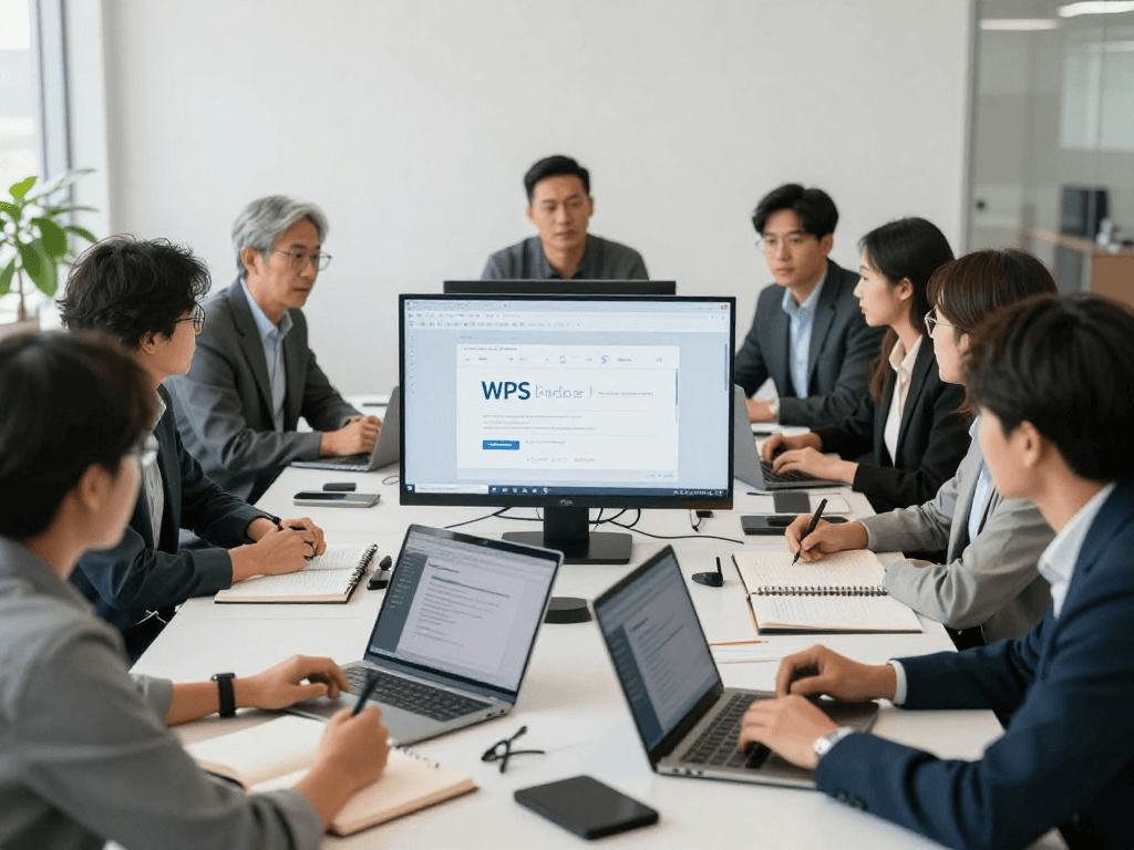 团队在现代办公室中使用WSP进行高效协作，展示文档和电子表格。