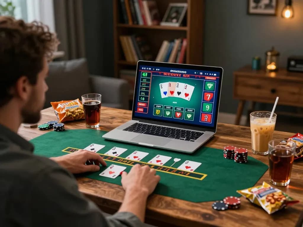 Người chơi LUCK8 thưởng thức trò chơi blackjack với người chia bài trực tiếp trên laptop tại nhà, thể hiện trải nghiệm chơi game trực tuyến hấp dẫn