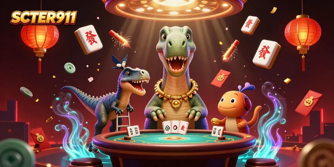 Engage with SCATTER911 while a clever raptor deals cards from a ladder beneath a towering brontosaurus!