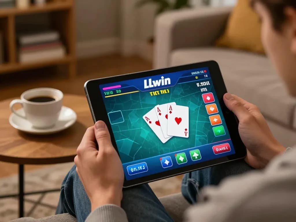 Player enjoying online poker on a tablet with LLwin interface in a cozy home