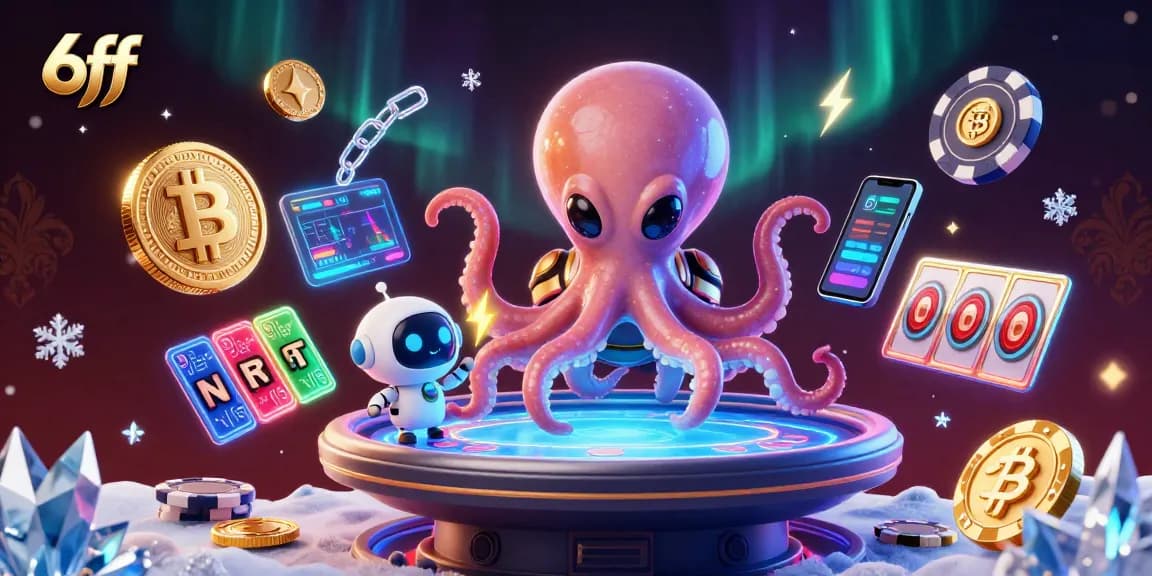 Experience thrilling gameplay at 6ff with the alien octopus managing a cosmic poker game amidst vibrant cryptocurrency elements.
