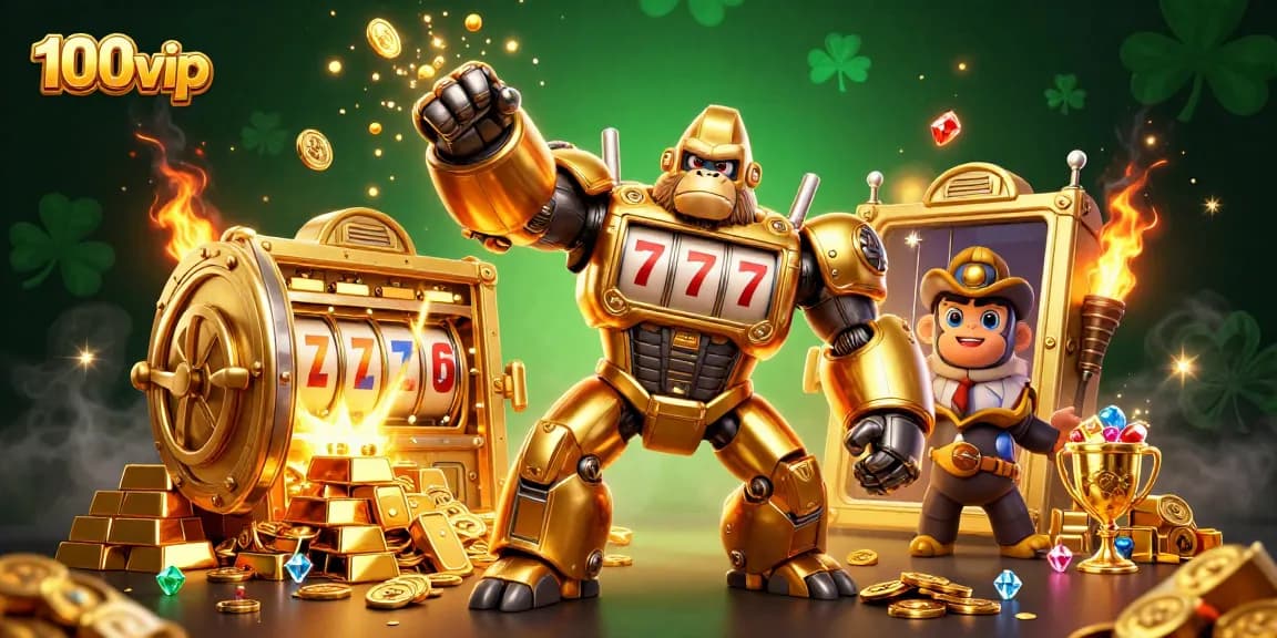 Experience the excitement of 100vip with a golden gorilla mech winning jackpots amid treasure.