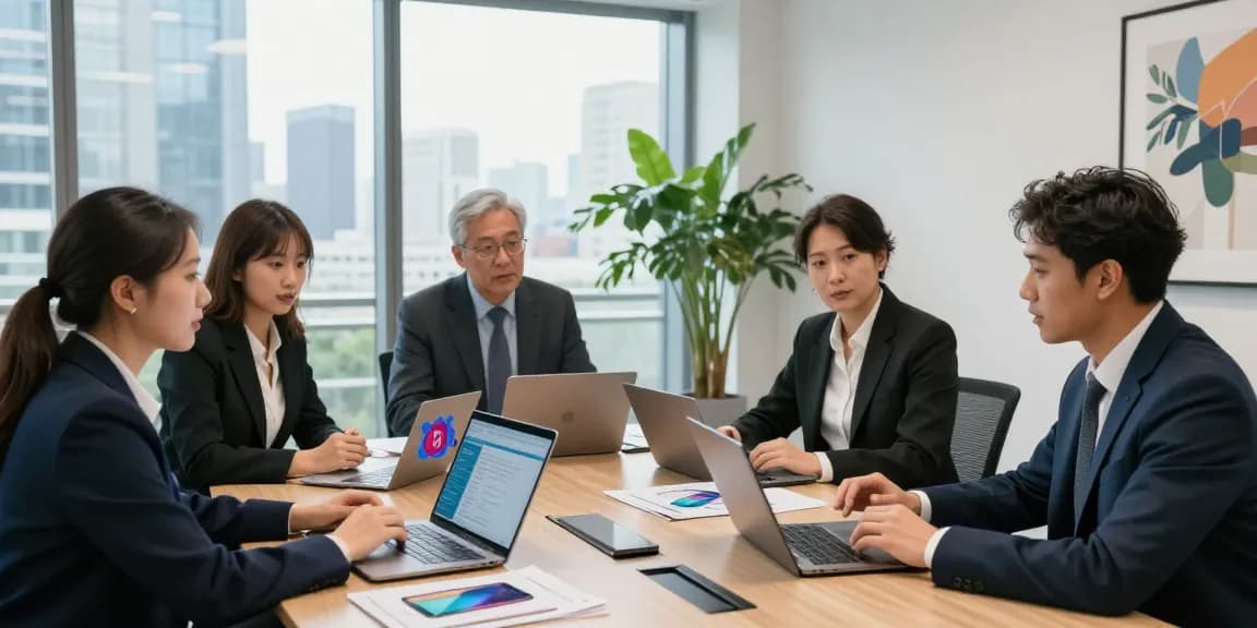 Compare business mobile deals UK in a corporate meeting with professionals evaluating options on laptops.