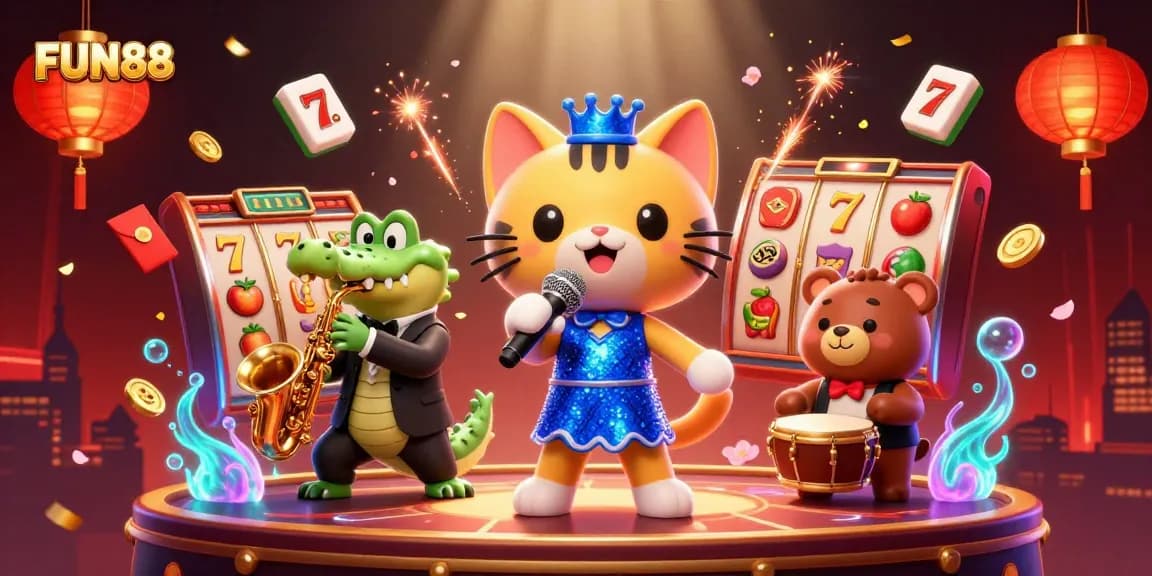Join the action at FUN88 with lively 3D casino characters featuring vibrant slots and festive decorations.