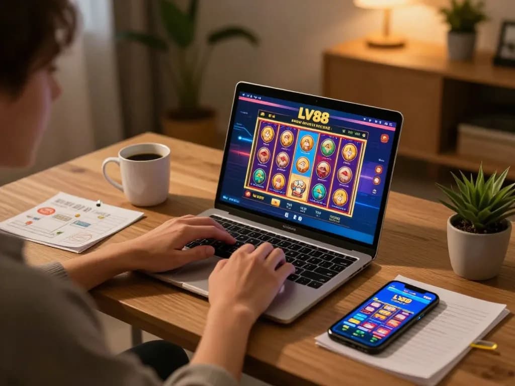 Engaging session of LV88 casino gaming at home with laptop and strategy notes
