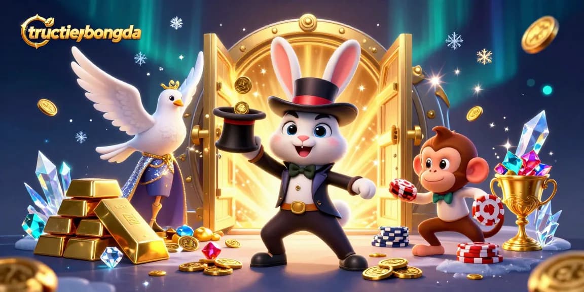 Experience tructiepbongda excitement with a magician rabbit unveiling golden coins in this casino-themed extravaganza.
