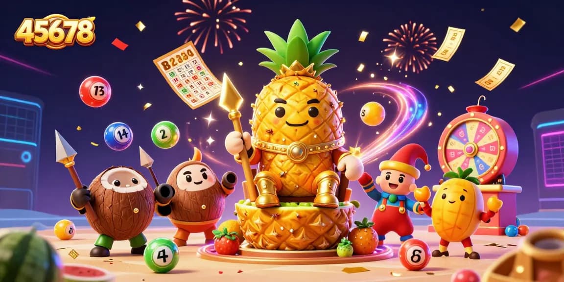 Engage with the vibrant 45678 casino scene featuring a golden pineapple king amidst colorful gambling elements.