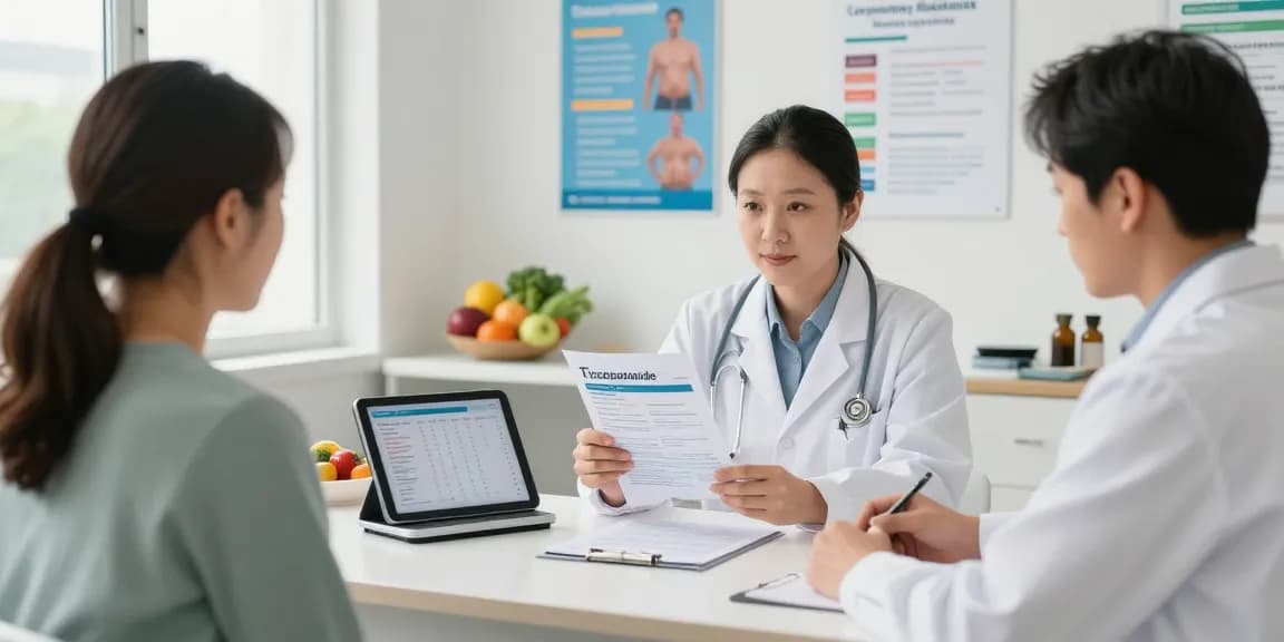 Tirzepatide consultation in a modern health clinic, showcasing weight loss strategies and patient engagement for https://koipeptidescanada.com/tirzepatide-canada.