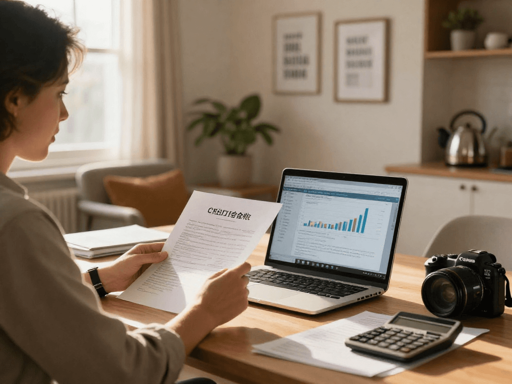 Individual working on financial documents in a cozy home office for credit-consolidation.ca/.