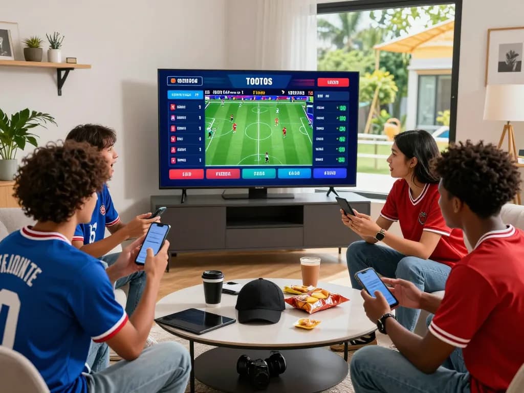 Friends enjoying sports betting experience at home with MM88 displayed on screen.
