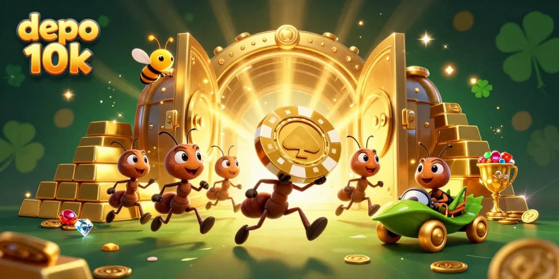 Experience the thrilling aventure of depo 10k with cartoon ants heisting a giant poker chip while surrounded by treasures.