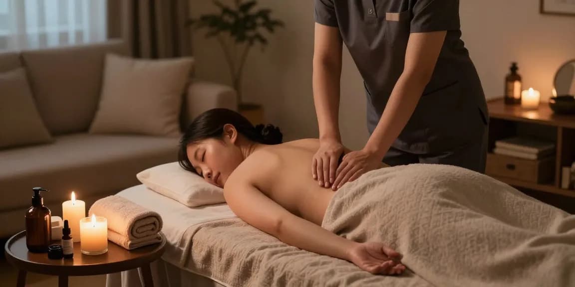 Korean therapist providing 강남출장안마 in a cozy home setting, promoting relaxation and well-being.