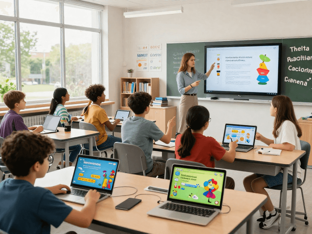 Interactive digital learning scene showcasing students using rokok88 curriculum materials in a modern classroom.