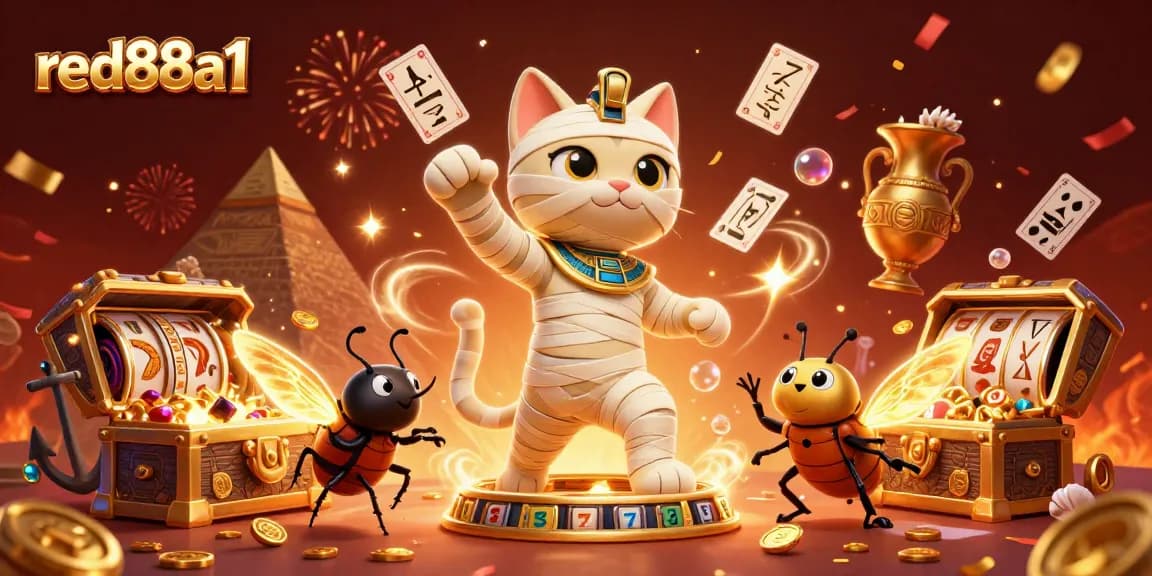 Experience the excitement at red88a1 with a vibrant casino scene featuring unique characters and rich elements.