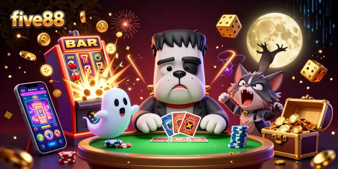 Experience five88’s animated casino fun with a vibrant 3D scene of a card-dealing bulldog and more.