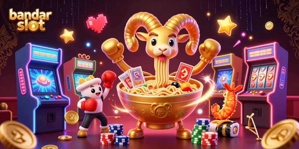 Engage with bandar slot action in a vibrant 3D casino scene featuring colorful game elements and animated characters.