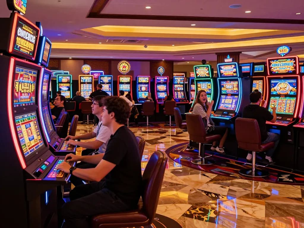 Các người chơi tận hưởng máy đánh bạc sống động tại casino KO66, ăn mừng chiến thắng jackpot.