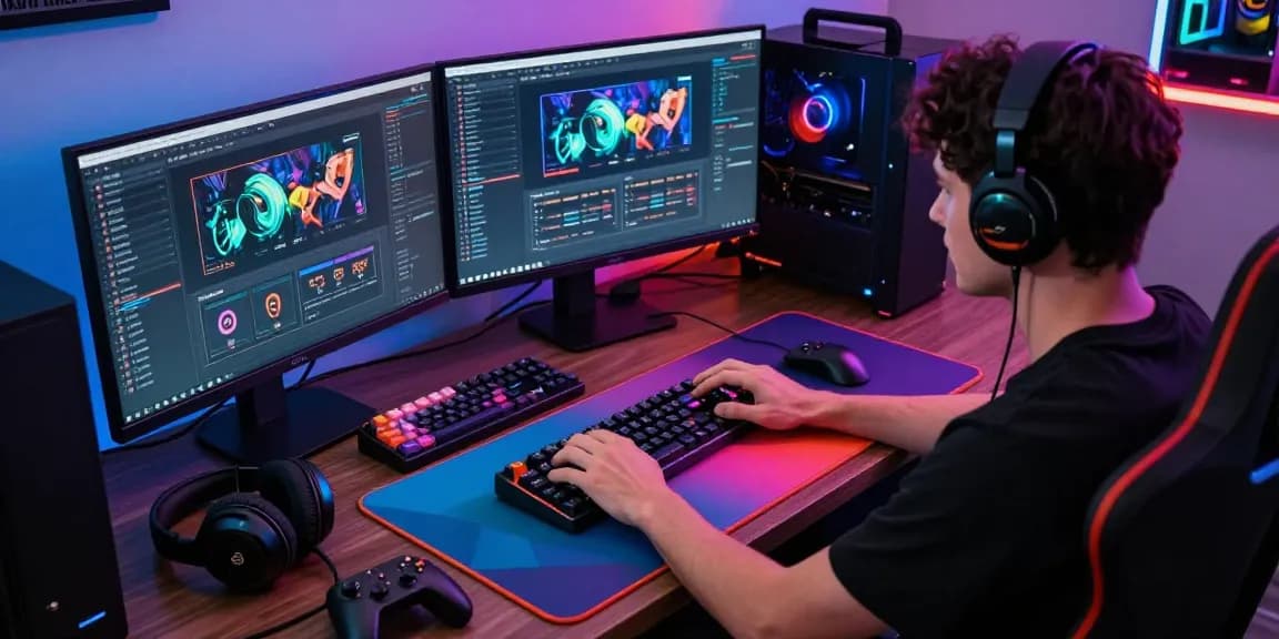Gamer customizing Hall Effect switches keyboard in a vibrant tech workspace.