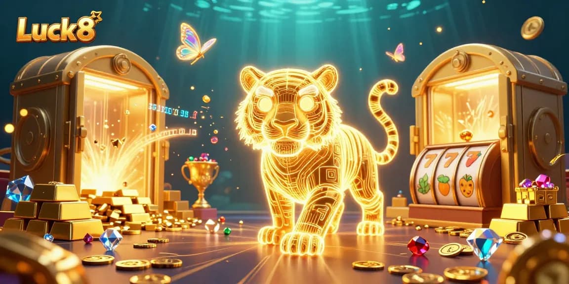 Experience Luck8's vibrant casino scene with neon tigers, slot reels, and treasures bursting with excitement.