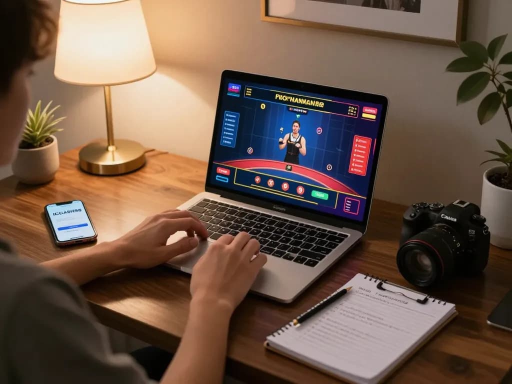 Engage in thrilling online gaming with IDCASH88 Login on a stylish laptop setup in a cozy home.