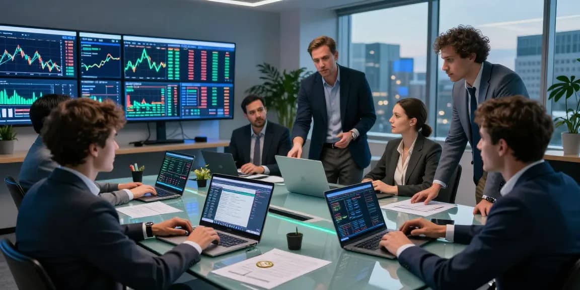 Los analistas de Immediate Edge discuten gráficos de criptomonedas en una sala de trading moderna.