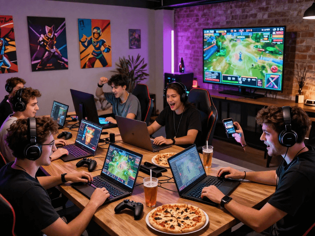 Friends enjoying gaming with http://oxbet-app.com, surrounded by lively decor and competitive atmosphere.