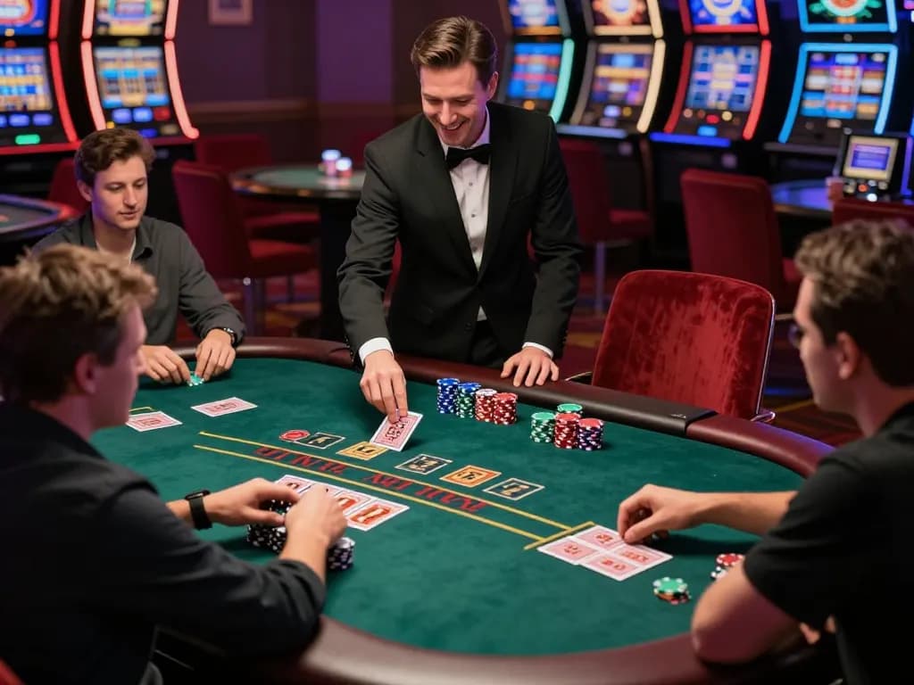 Players enjoying blackjack gameplay at gamebaidoithuong8 casino table, capturing strategic betting moments.