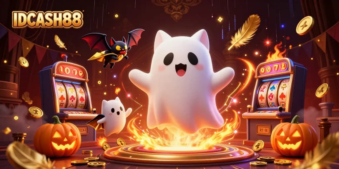 Experience fast-paced gaming at IDCASH88 with a playful ghost cat and vibrant casino elements.