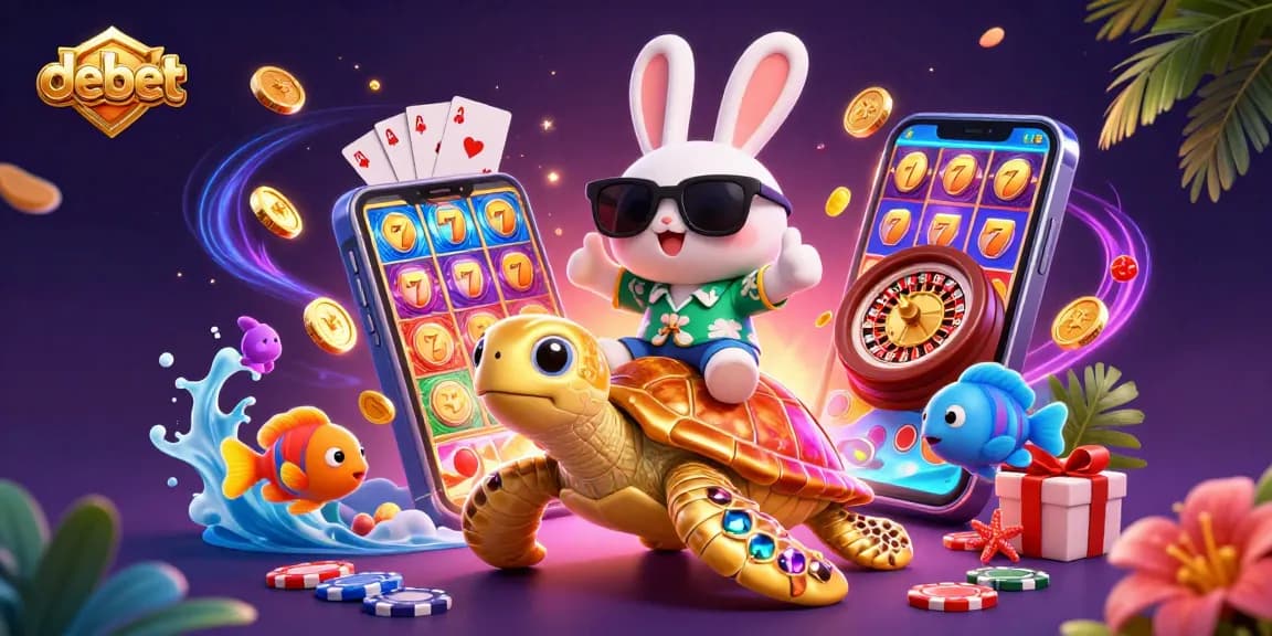 Experience the thrill of debet with a lucky rabbit and a golden turtle amidst vibrant casino elements.