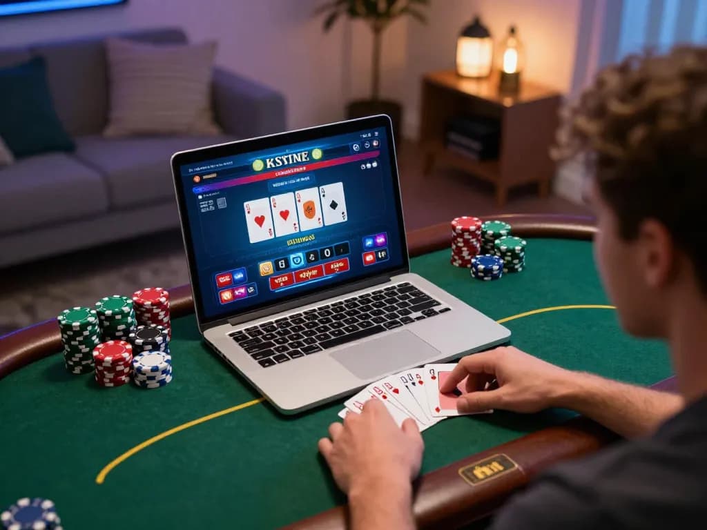Person gaming on laptop while playing poker online at comfortable home setup, highlighting nhacaiuytinn.