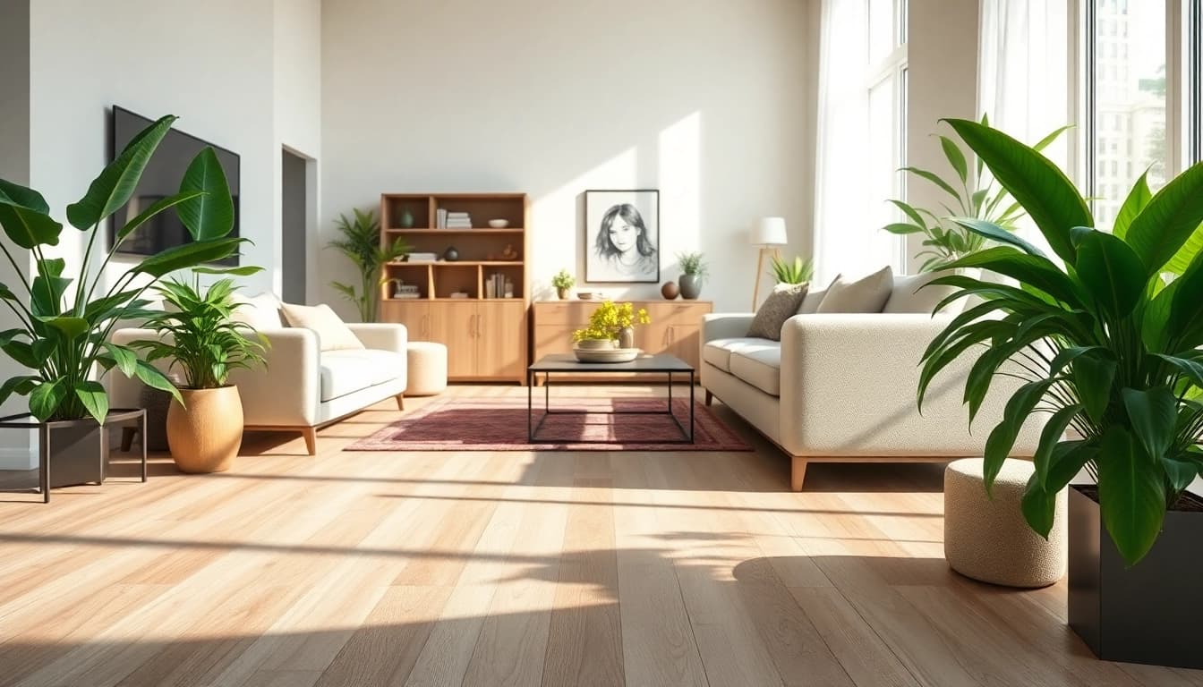 Beautiful modern living room showcasing vinyl plank flooring with elegant decor and natural light.