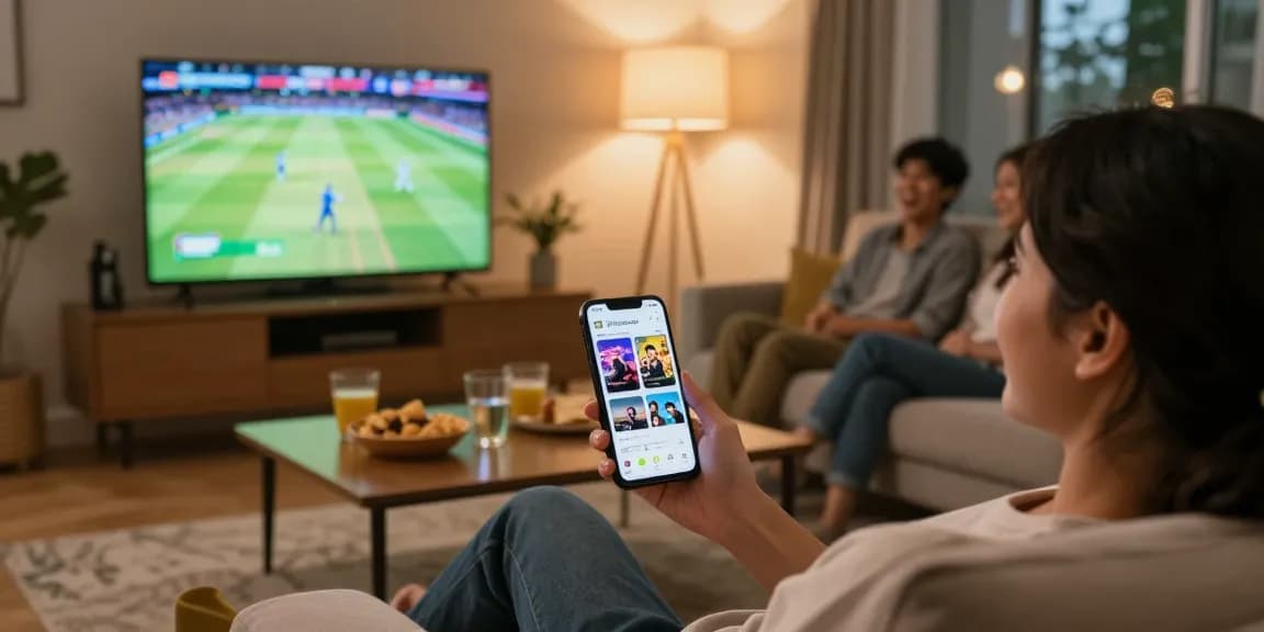 Pikashow APK interface displayed on smartphone while streaming a live cricket match in a cozy living room.