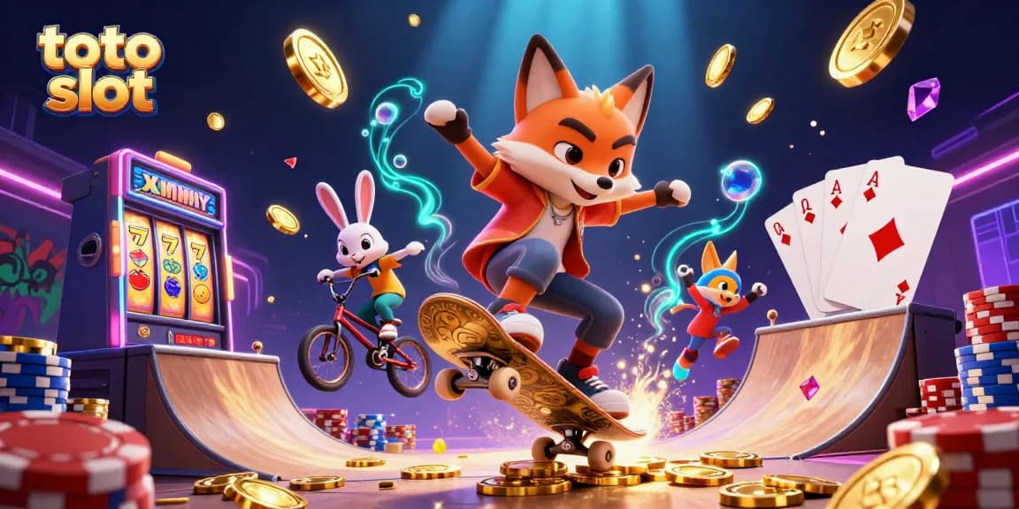 Experience the excitement of toto slot with a vibrant 3D scene featuring cartoon characters and cascading casino elements.