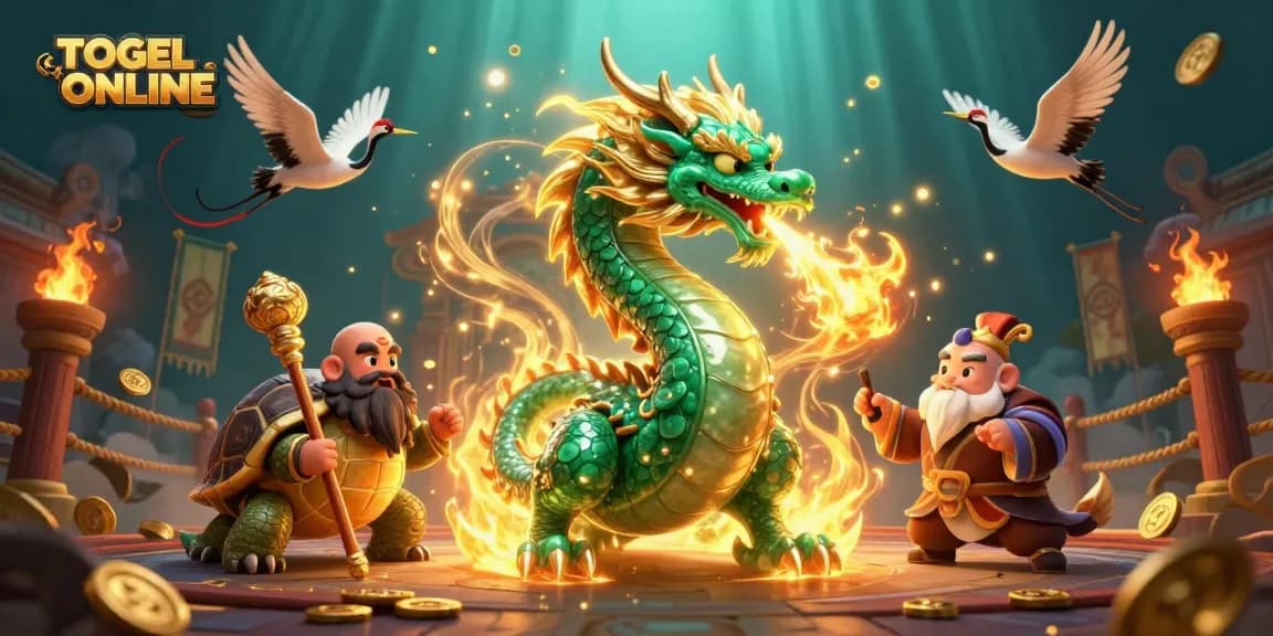 Engage in TOGEL ONLINE with a dragon and turtle sage in a vibrant casino scene.