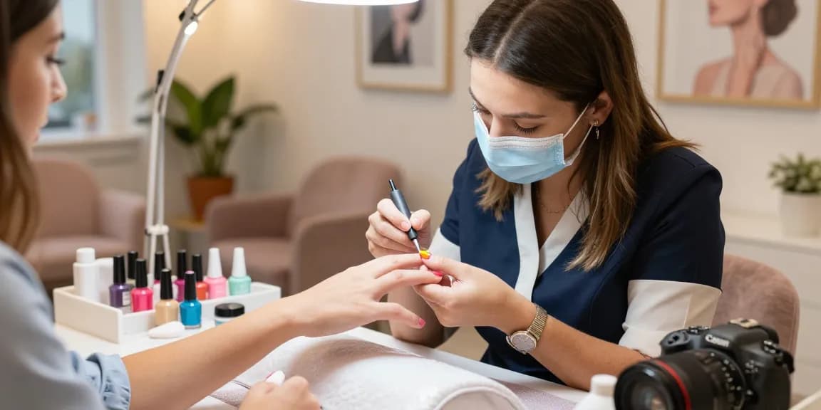 Client enjoying a gel manicure at Paradise Nail Beauty with expert technician and stylish salon decor.