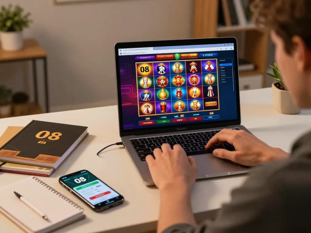 Engaged player navigating O8 online casino interface on laptop, showcasing strategic gameplay.