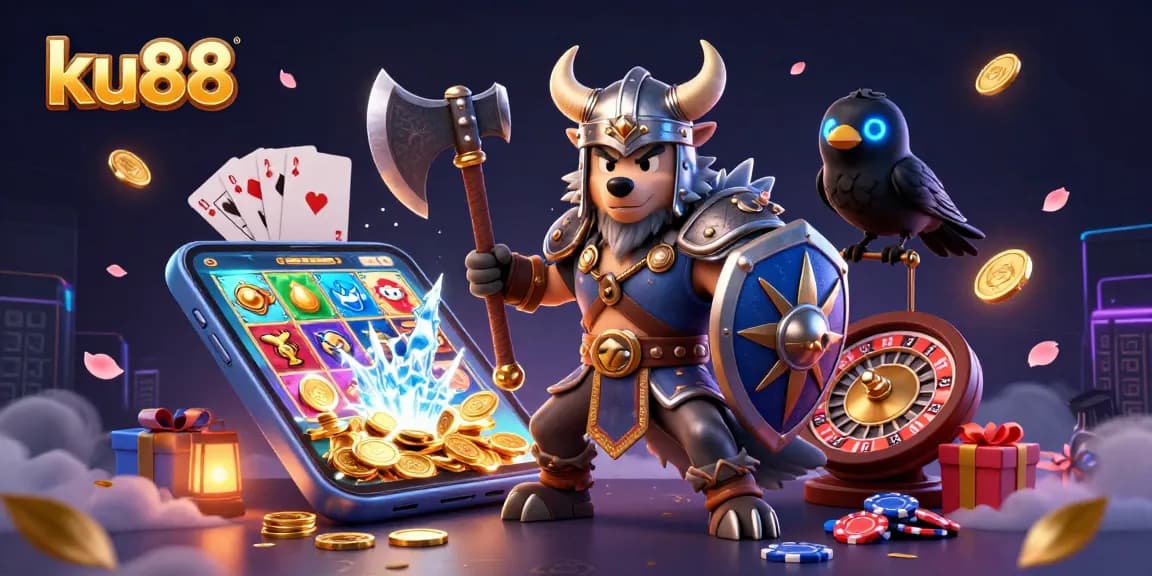 Engage in thrilling play at ku88 with a cartoon Viking, dragon, and raven amidst vibrant casino elements.