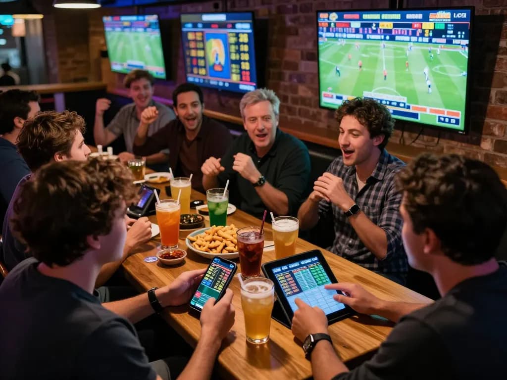 Active sports betting moment showing nhandinhkeonhacai being used on a smartphone app to place bets at a lively bar