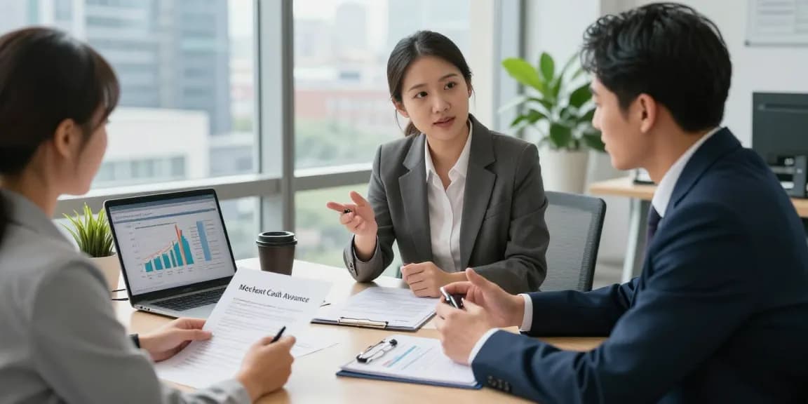Comparing merchant cash advance vs loan in a business consultation setting, showcasing financial documents and charts.
