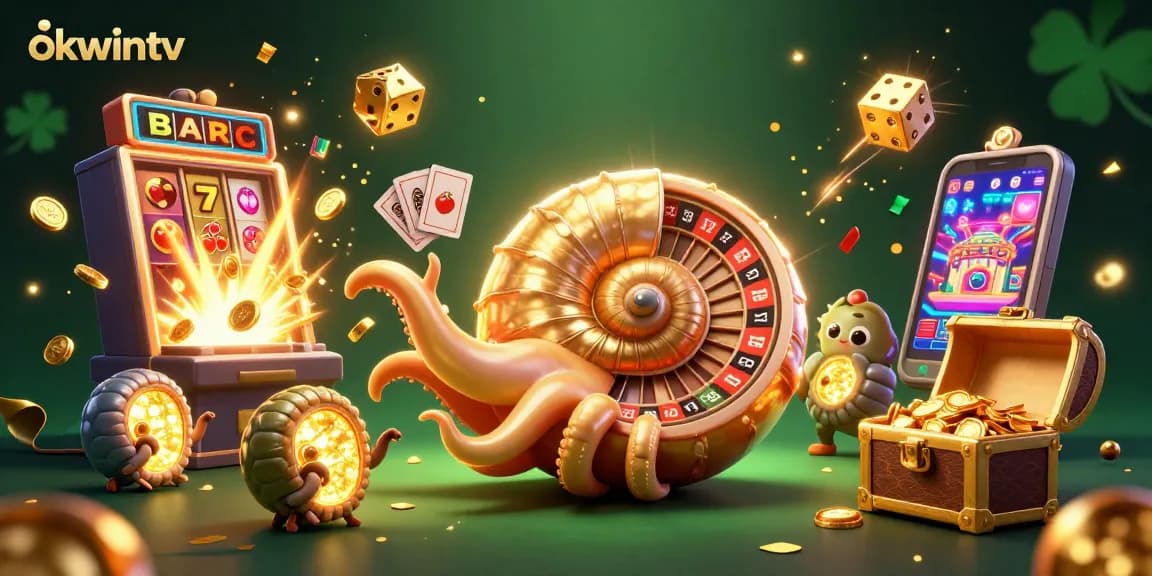 Play exciting games with okwintv, featuring an ancient nautilus holding cards amidst coins and jackpots