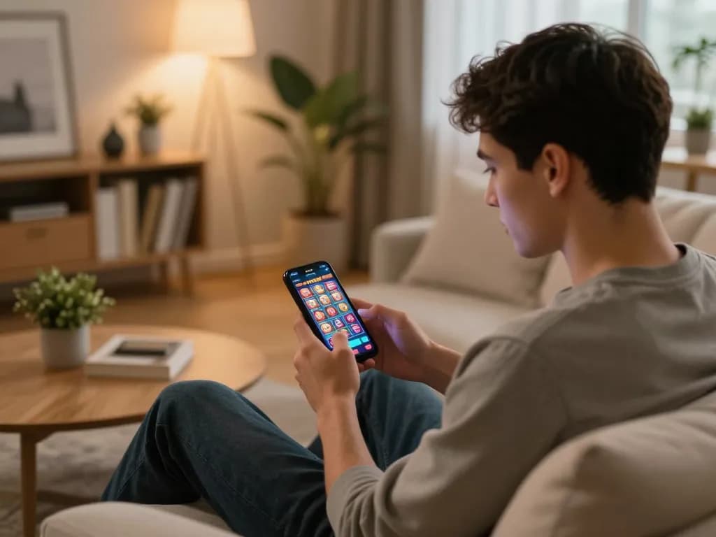Player using the XX88 58k app for mobile gambling in a cozy home setting
