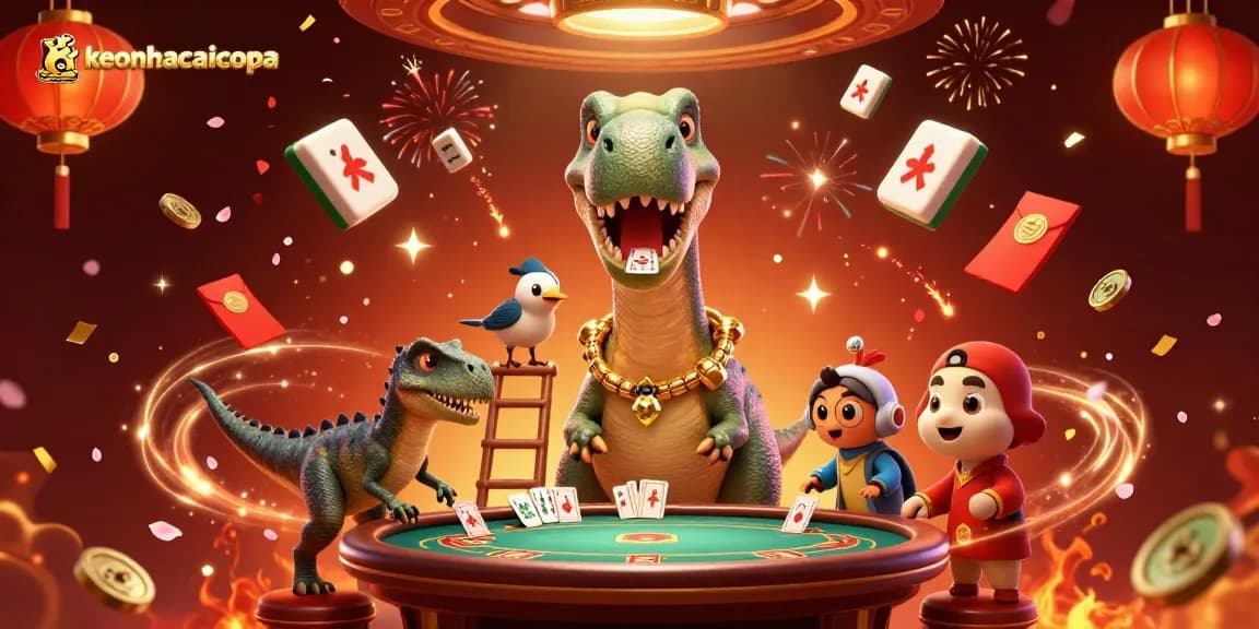 Engage with keonhacaicopa's vibrant casino scene featuring a giant brontosaurus, raptor dealer, and festive game elements.