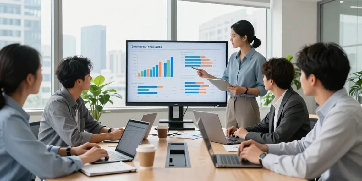 Business energy quotes meeting with diverse team using laptops in a modern office.
