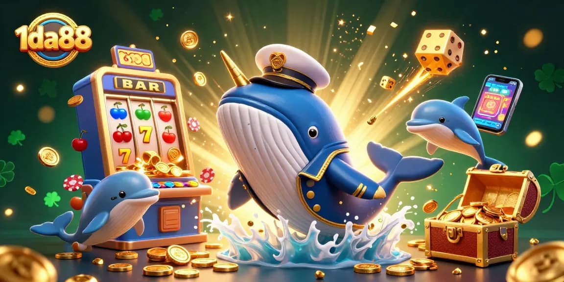 Engage with the vibrant 1da88 casino scene featuring a cartoon whale, playful dolphins, and slot machine action.