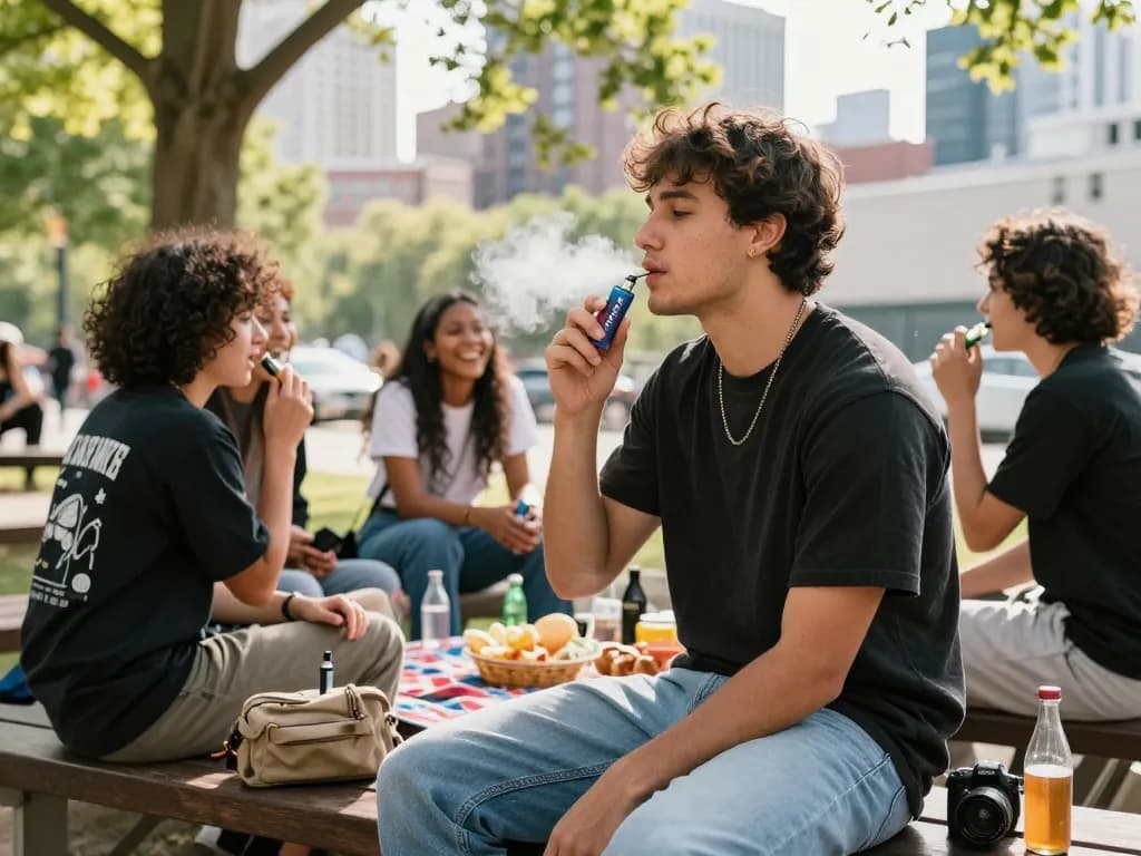 Enjoying a Clean Carts 2g Disposable vape in a vibrant outdoor park setting with friends, highlighting community and lifestyle.