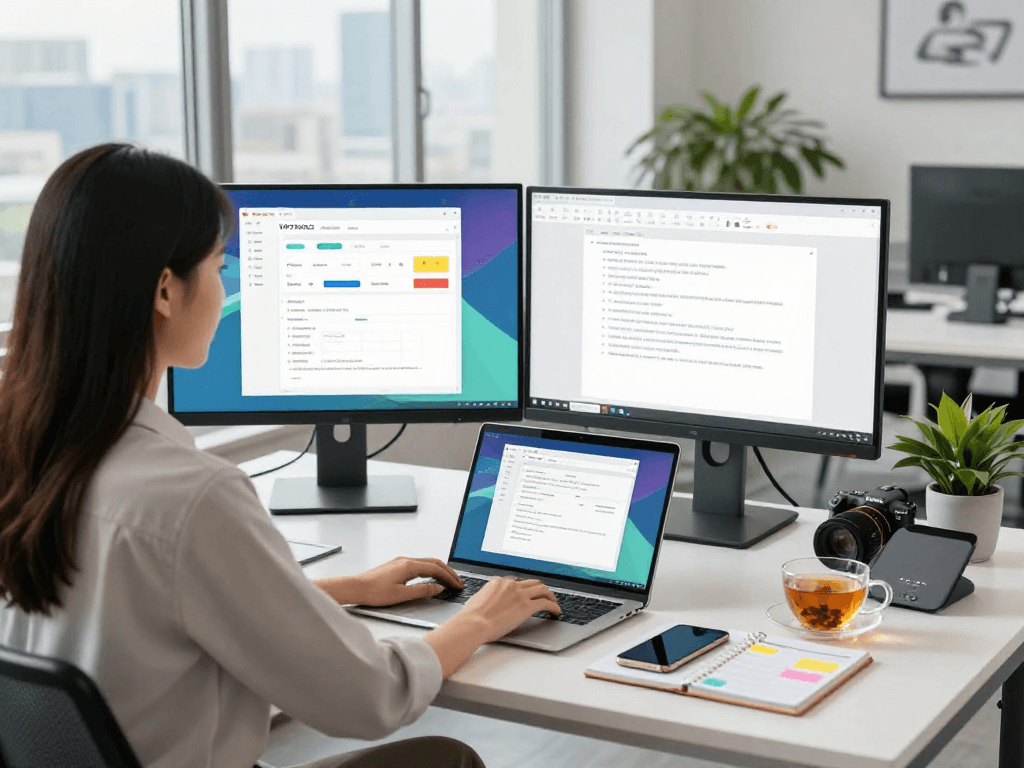 在明亮的现代办公室中，一位年轻女性使用WPS Office下载进行文档协作，桌上配有双显示器和科技设备。