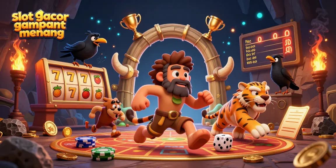 Experience thrilling slot gacor gampang menang excitement with energetic caveman duo and sabertooth in a dynamic casino setting!