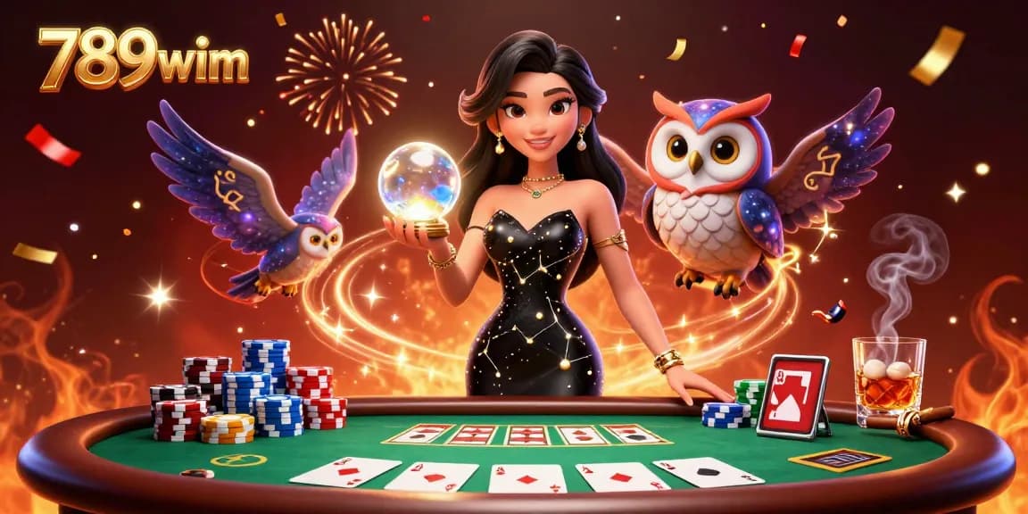 Engaging 789wim casino scene showcasing a woman in a black gown and an owl, surrounded by vibrant poker game elements.